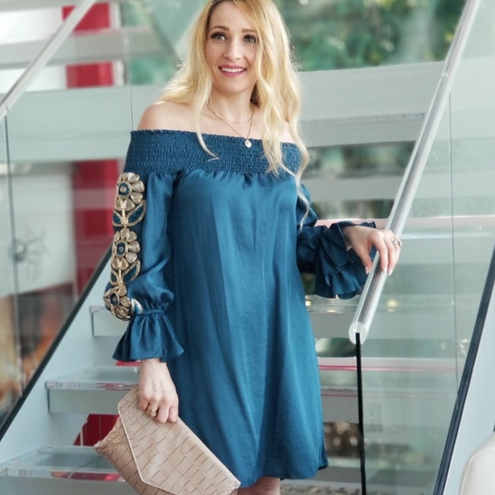 COUNTRY DOLLZ Off Shoulder Teal Dress - Picture 3 of 4